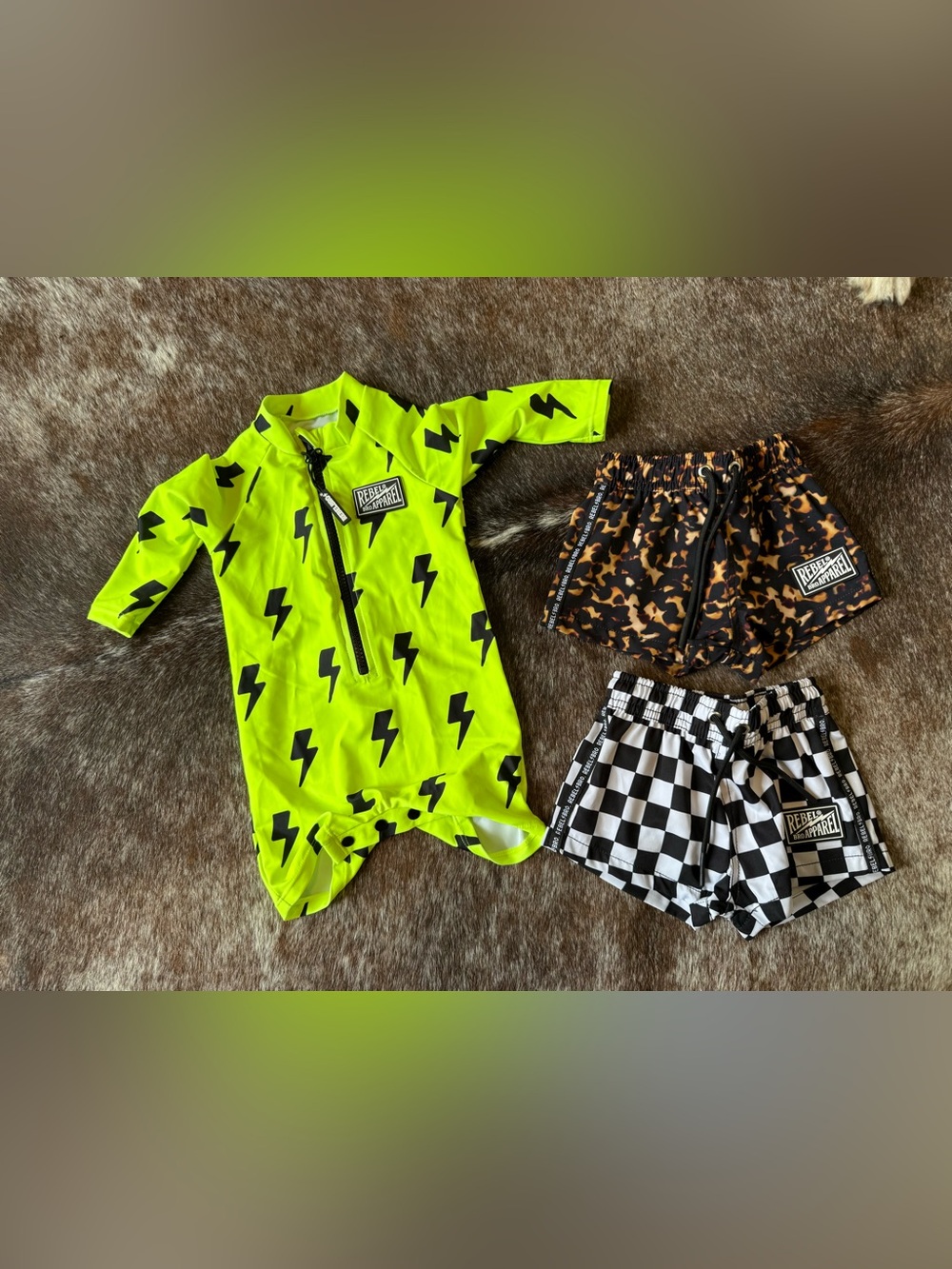 Rebel Bro Swim Bundle Neon Yellow Lightning One-Piece Swimsuit & Trunks